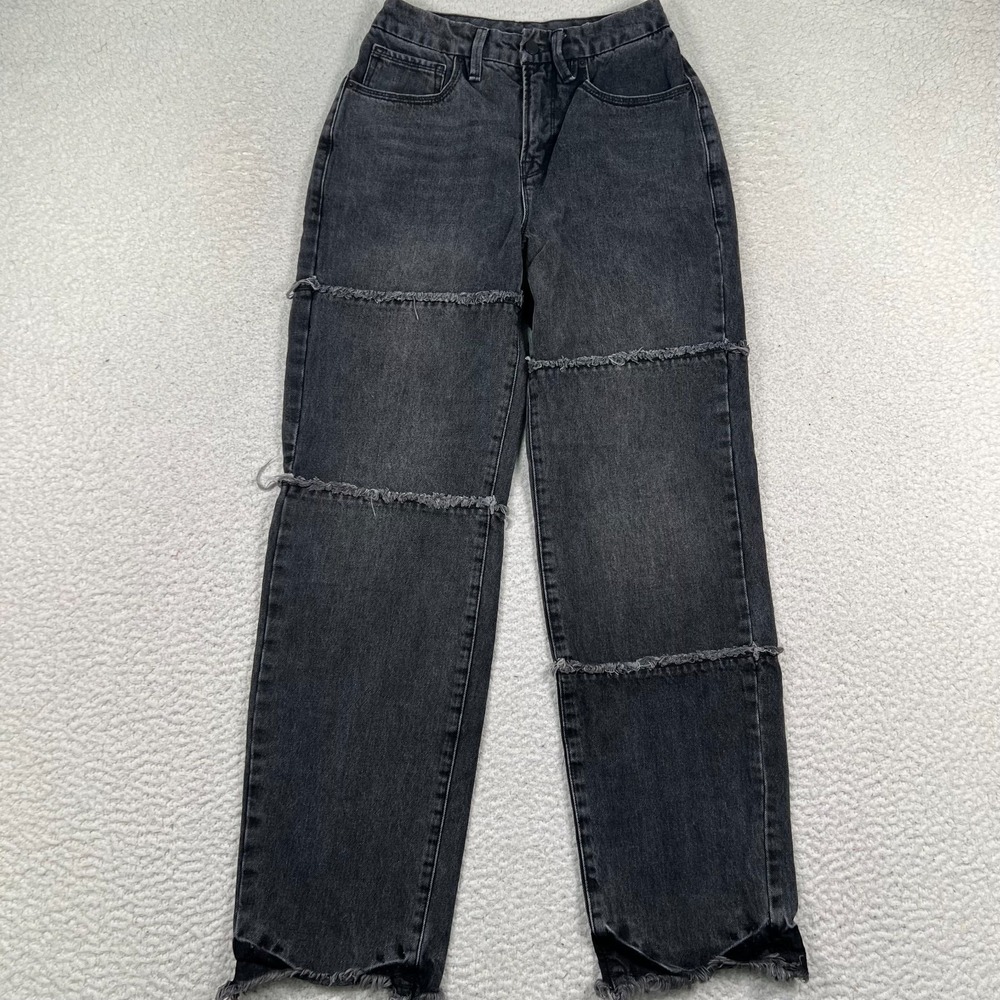 Good American Jeans Women 25x31 Good 90s High Rise Frayed Seam Straight Black